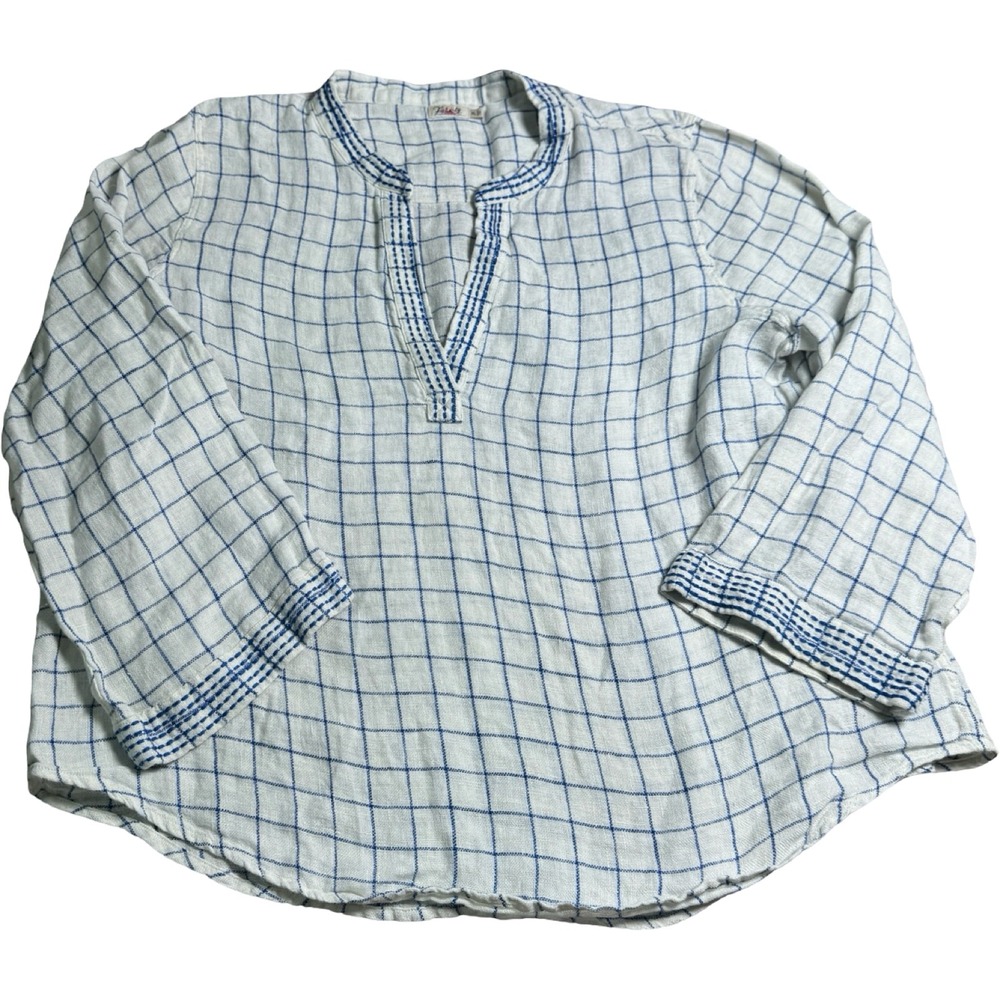 Faherty Linen Tunic Women XL White Blue Windowpane Good Embroidered Split Neck